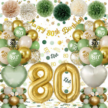 80th Birthday Decorations for Women Men, Green Gold 80th Birthday Balloons