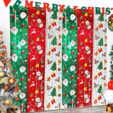 2 Pack Christmas Santa, Snowman, Christmas Tree & Gingerbread Patterns Party Decorations 3.28 x 6.56 Ft Tinsel Foil Fringe Curtains, Photo Booth Prop
