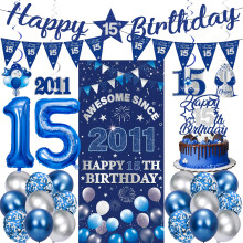 15th Birthday Decorations Boys Girls - 27 Pcs Blue Silver Happy 15th Birthday Banner Triangular Flag Hanging Swirls Backdrop Cake Topper 15 Balloon S