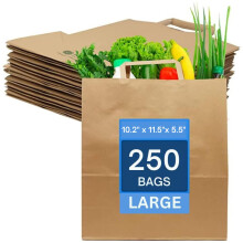 Paper Bags with Handles - 250 Large Brown Paper Bags (W10" x H12" x D5.5") Large SOS Kraft Bags - Perfect for Lunch, Party, Gift, Storage, Packaging,