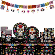 70Pcs Day of The Dead Party Tableware Set Mexican Fiesta Flowers Skull Halloween Banner Tablecover 7&9 inch Paper Plates Napkins and Cups, Trick or T