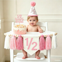 1st Birthday Highchair Banner Decorations For First Boys Khaki Cone Hat With One Cake Topper Photo Backdrop (Pink Half)