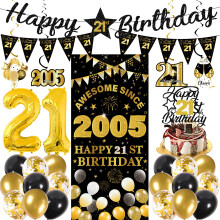 21st Birthday Decorations Men Women - 27 Pcs Black Gold Happy 21st Birthday Banner Triangular Flag Hanging Swirls Backdrop Cake Topper 21 Balloon Set