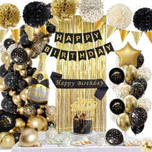 Birthday Decorations Black Gold Party Decoration Set with Happy Birthday Banner Confetti Balloons Sash Tinsel Curtains Foil Pompoms for Men Women Bir
