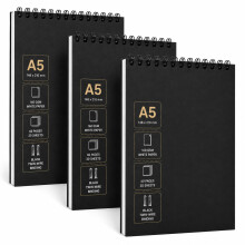 A5 Sketchbook Pack of 3, Spiral Bound Drawing Pads, 160 GSM Premium White Paper, 30 Sheets (60 Pages) Each, Soft Cover with Grey Backing Board for Sk