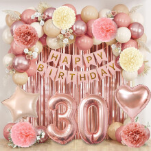 Rose Gold 30th Birthday Decorations Woman, Rose Gold 30th Birthday Balloons Set with Happy Birthday Banner,White Pink Balloons,Tinsel Curtains,Star H
