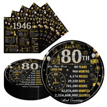 Eiapadeor 80th Birthday Decorations Tableware Set - 50 Pcs 80th Birthday Plates and Napkins Black Gold Back in 1946 Disposable Plates Set for Women M