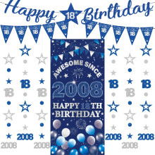18th Birthday Decorations Boy Banners - 9 Pcs Blue Silver Happy Birthday