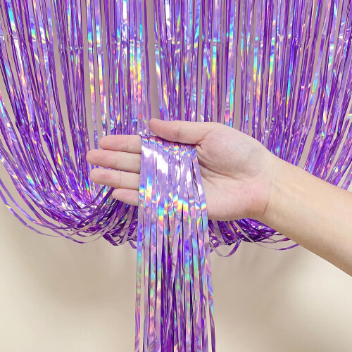 OWill 2pcs 3ft X 8.3ft Purple Glitter Metallic Tinsel Curtains 2
