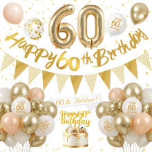 60th Birthday Decorations for Women Men, Gold and White Birthday Balloons with Number 60 Foil Balloons, Happy 60th Birthday Banner, Bunting, Cake Top