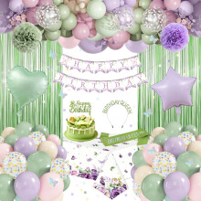Green Purple Birthday Party Decorations, Happy Birthday Banner, Macaron Purple Pink Yellow Avocado Green Balloons, Sash, Crown, Butterfly, Fringe Cur