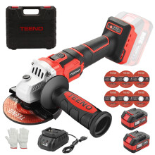 TEENO Cordless Angle Grinder 21V, 9800 RPM, 125mm Grinding/Cutting Disc, 2x 3.0Ah Batteries Included, 2-Position Adjustable Auxiliary Handle