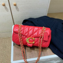 (Red) V-shaped quilted flap baguette bag, versatile for commuting