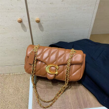 (Brown) V-shaped quilted flap baguette bag, versatile for commuting