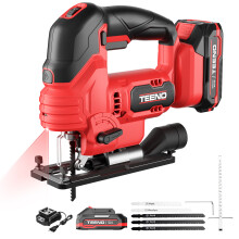 TEENO 20V Cordless Jigsaw, Electric Saw with 2x 2000mAh Battery, 800-3000 SPM Variable Speed, ±45° Tilt, LED, 5 T-Shank Blades, Wood & Metal Cutting