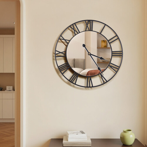 Living And Home 24Inch Modern Non-Ticking Mirrored Wall Clock