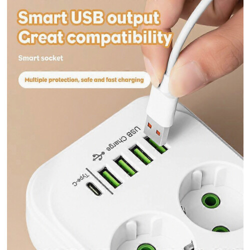 Multipresa europea a 4 prese con USB, prolunga da 2 m con protezione da sovratensione per casa e ufficio. 1