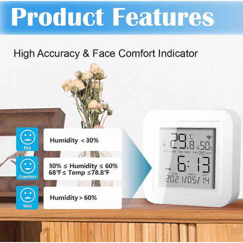 Backlit LCD Smart WiFi Humidity Temperature Detector, Wireless Indoor Environment Tracker 2