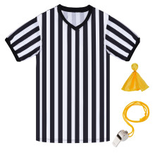 obmwang Referee Shirt for Womens and Mens, Black and White Stripe Umpire Jersey V Neck Ref Uniform Stainless Steel Whistle with Lanyard Yellow Penalty