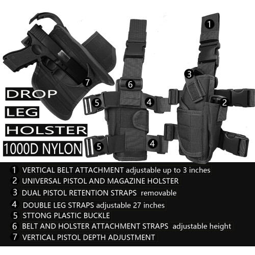 Drop Leg Holster Tactical Thigh Gun Holster Right Hand Adjustable, Black 1