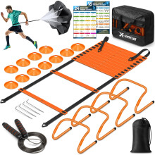 X-UMEUS Agility Ladder Speed Training Equipment Set-20ft Agility Ladder,12 Soccer Cones,4 Hurdles, Jump Rope, Running Parachute| Basketball Football S
