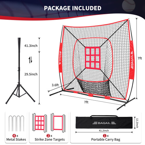 BAGAIL 7x7 ft Baseball & Softball Training Net - Red 2