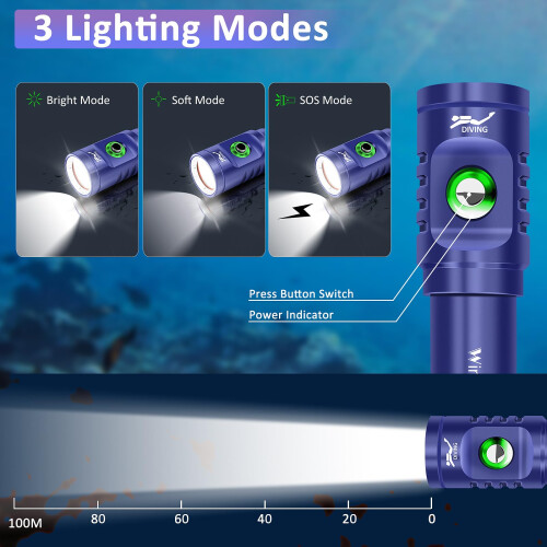 WINDFIRE TS08 Diving Flashlight Rechargeable Bright Scuba Dive Light 3-Mode 1