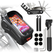 PXZBLG Bike Repair Kit, Bike Frame Bag with 1.6L Capacity, Waterproof Tube Bag Compatible Phone Under 7”, 16-in-1 Bike Multitool, Bicycle Tire Repai