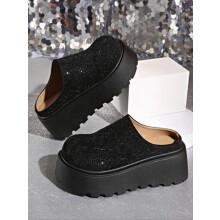 (Black, Cn37) 2026 New Rhinestone Flatform Sandals for Women, Punk Style Height-Boosting Sawtooth Sole Half Slip-On Shoes,