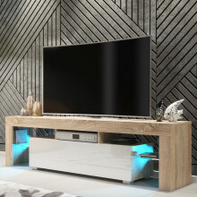 TV Unit Aria 160cm - Oak & White Gloss Doors and LED Lights