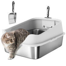 Pawhut Katzenklo XL, Edelstahl, Grau, 60,2x40,2x29,7 cm, mit hohem Rand und Schaufel