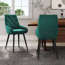 (Green) 2pcs Velvet Metal Legs Button Upholstered Dining Chairs