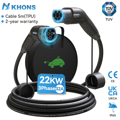 Khons cable de carga EV Type2 a Type2, 22kw, 32A, 5M, TPU, impermeable IP65
