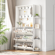 Multifunctionele schoenenkast, wit, 120 x 24 x 200 cm, met opvouwbare deuren, 8 haken en 5 opbergvakken voor de entree