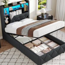 Brinlawb 3ft Ottoman Single Bed Frame with Charging Station & LED Lights, Single Bed Frame with Hydraulic Lift Mechanism, Upholstered Storage Headboar