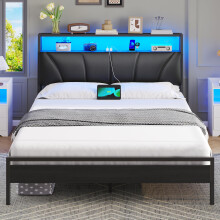 Brinlawb Double Bed Frame with Charging Station (2 AC Sockets, 1 USB‑A, 1 Type‑C Port) and LED Lights, 135x190 cm Stable Metal Bed Frame with Upho