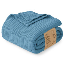 Love's cabin 100% Cotton Muslin Blanket Twin Size for Bed, Misty Blue
