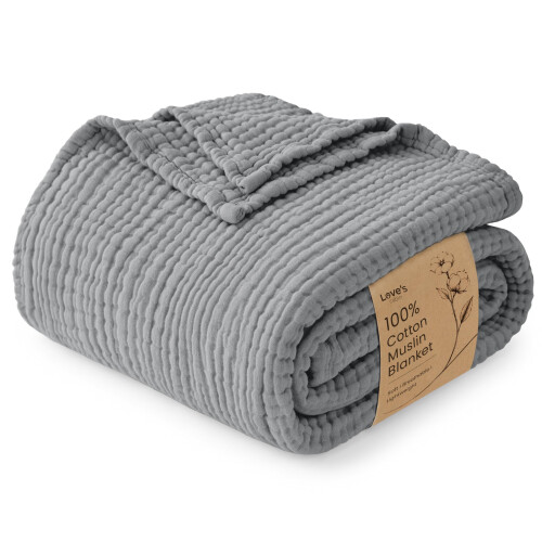Love's cabin 100% Cotton Muslin Blanket Throw for Couch, Medium Grey