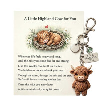 Porte-clés pendentif avec breloque vache des Highlands et étiquette inspirante « Toujours debout ».