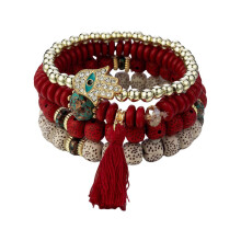 4Pcs Bohemian Styles Bracelet Set for Women Adorned with Crystal Fatima Hand Tassels and Beads Stylish Outfits Purple red