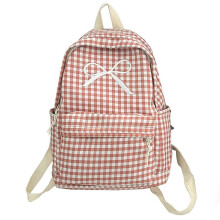 Japanese Women Teen Girls Checkered Pattern Large Backpack Aesthetic Cute Bowknot Zippered Student School Bag Book Bag Pink