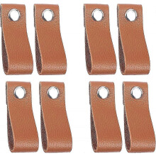 8-Piece Full-Grain Leather Drawer Pulls with Brushed Brass Knobs, Ergonomic Handles for Cabinets Dressers Wardrobes
