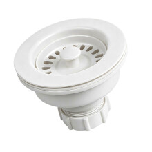 Piesă de scurgere pentru chiuvetă cu inserție centrală, cu coș de sită din plastic și conexiune cu șurub inferior pe