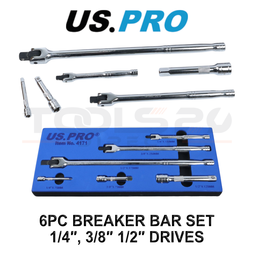 Us Pro Tools 6Pc Breaker Bar And Extension Set 1/4" 3/8" 1/2" Drive Cr-Mo 4171