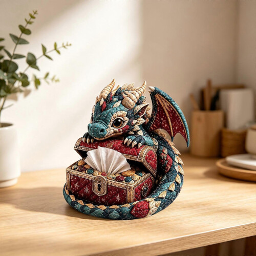 Dragon Tissue Box DIY Sewing Project Quilted Patchwork Craft Tissue Holder for Desk, Shelf, or Study Display Use Multicolor 1