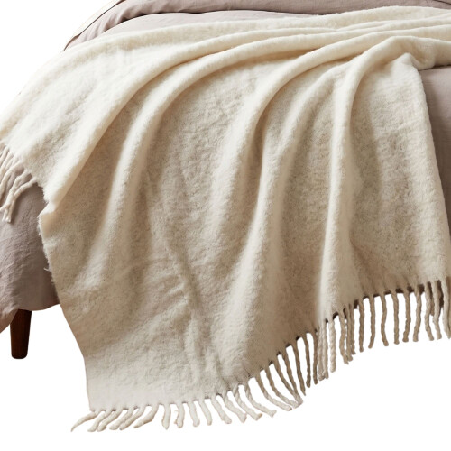 Homescapes Pure Handmade Halo Wool Blend Bed & Sofa Throw Blanket, Ivory