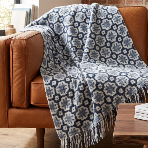 Homescapes Pure Handmade Mosaic Artisan Wool Blend Bed & Sofa Throw Blanket, Teal 1