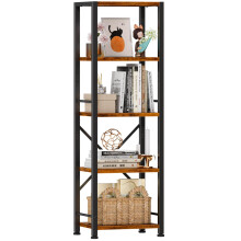 Furologee 5 Tier Bookshelf, Narrow Bookcase, Metal Book Shelf, Rustic Brown