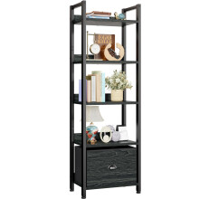 Furologee 5 Tier Bookshelf with Drawer, Tall Narrow Bookcase, Black Oak