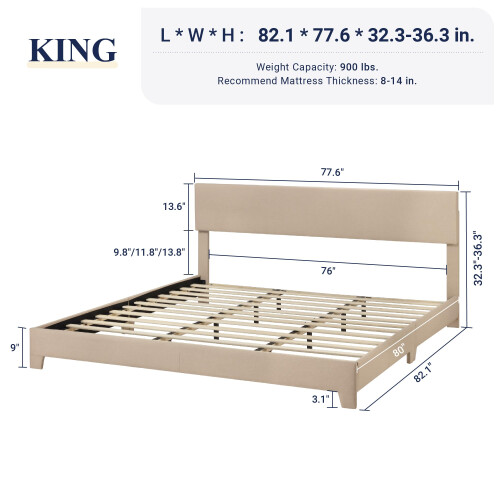 Allewie King Size Upholstered Bed Frame Adjustable Headboard, Beige 1